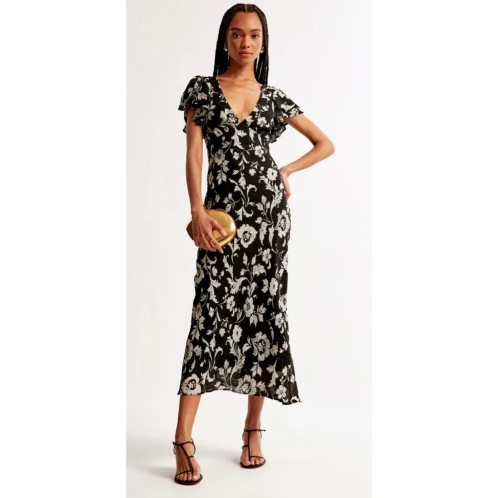 Abercrombie & Fitch Floral Maxi Dress Flutter Sleeve Black XS‎ NWT